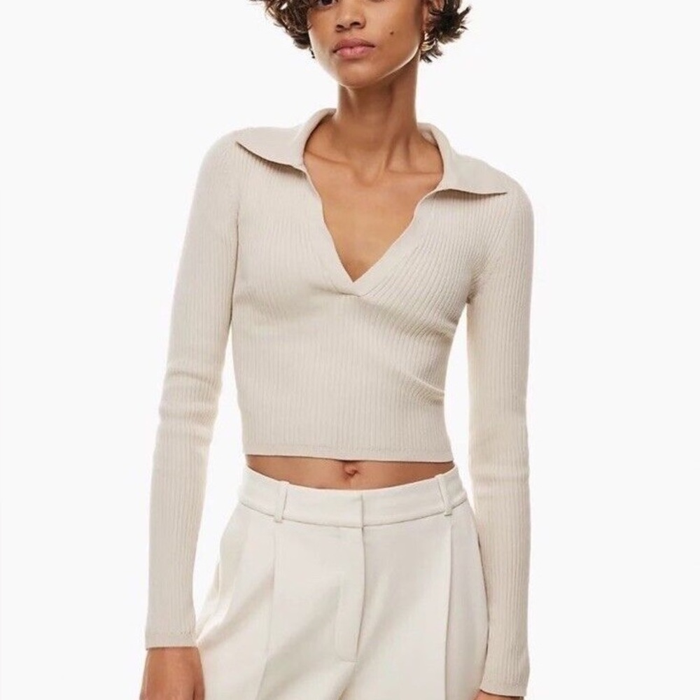 Aritzia Babaton Sculpt Knit Ribbed Polo Longsleeve in Matte Pearl 
Size large